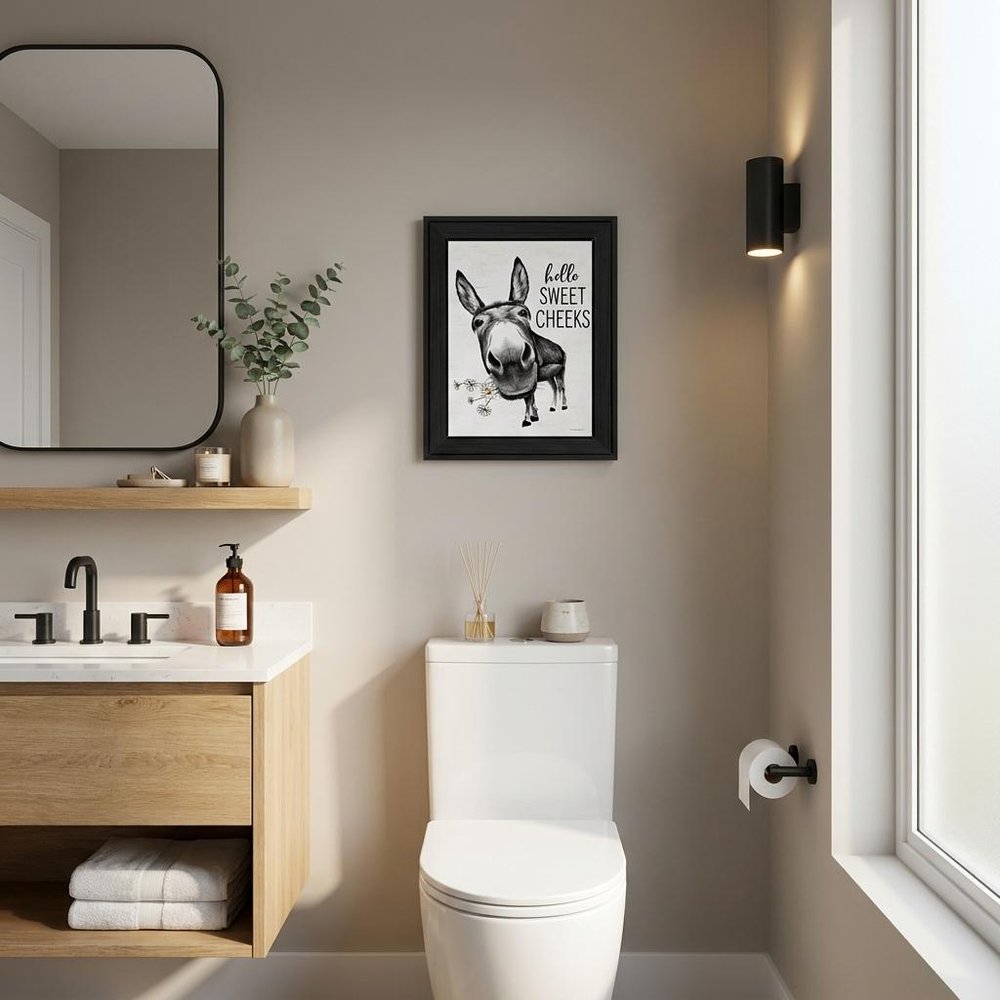 Hello Sweet Cheeks Donkey Black Framed Print Bathroom Wall Art