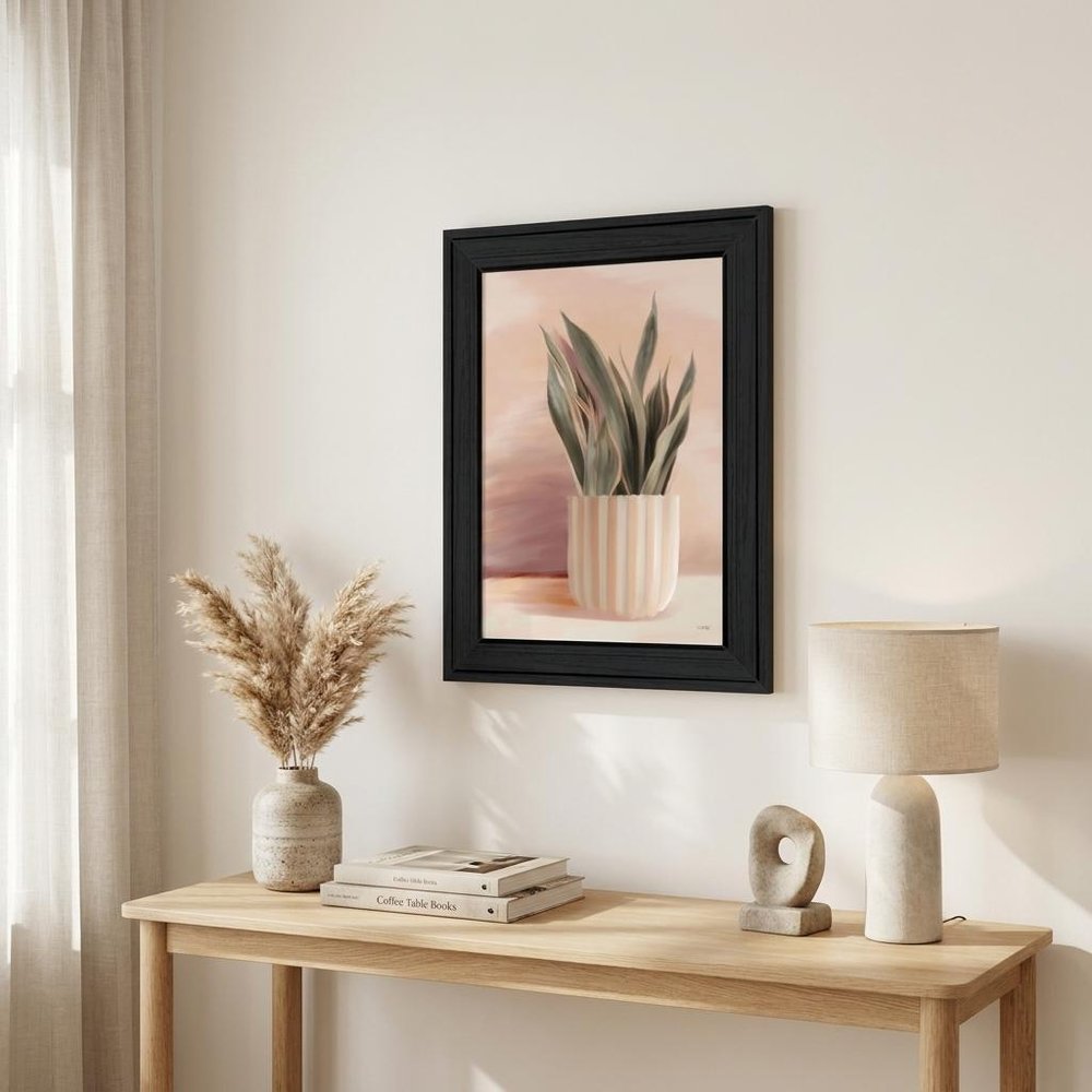Striped Bohemian Plant Black Framed Print Wall Art
