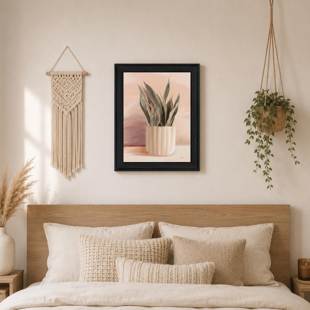 Striped Bohemian Plant Black Framed Print Wall Art