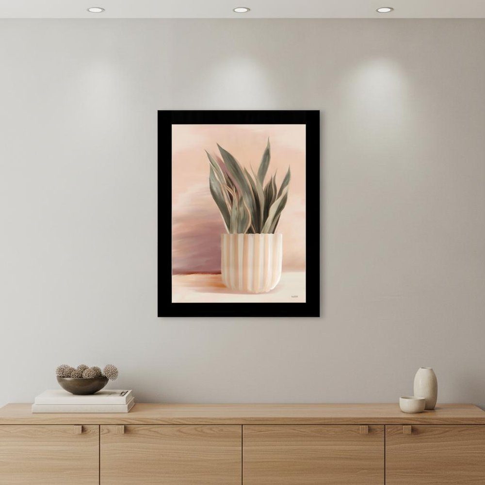 Striped Bohemian Plant Black Framed Print Wall Art