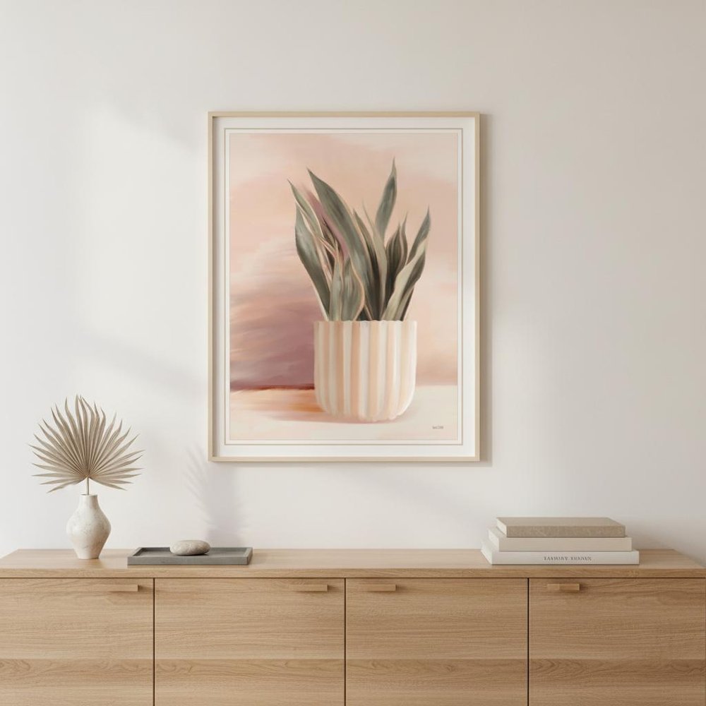 Striped Bohemian Plant Black Framed Print Wall Art