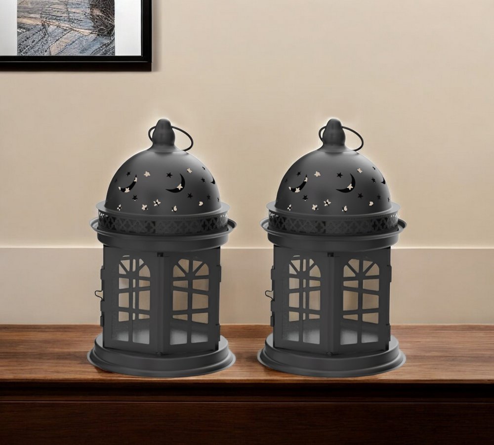 Set of Two Black Metal Celestial Tabletop Lantern Candle Holders