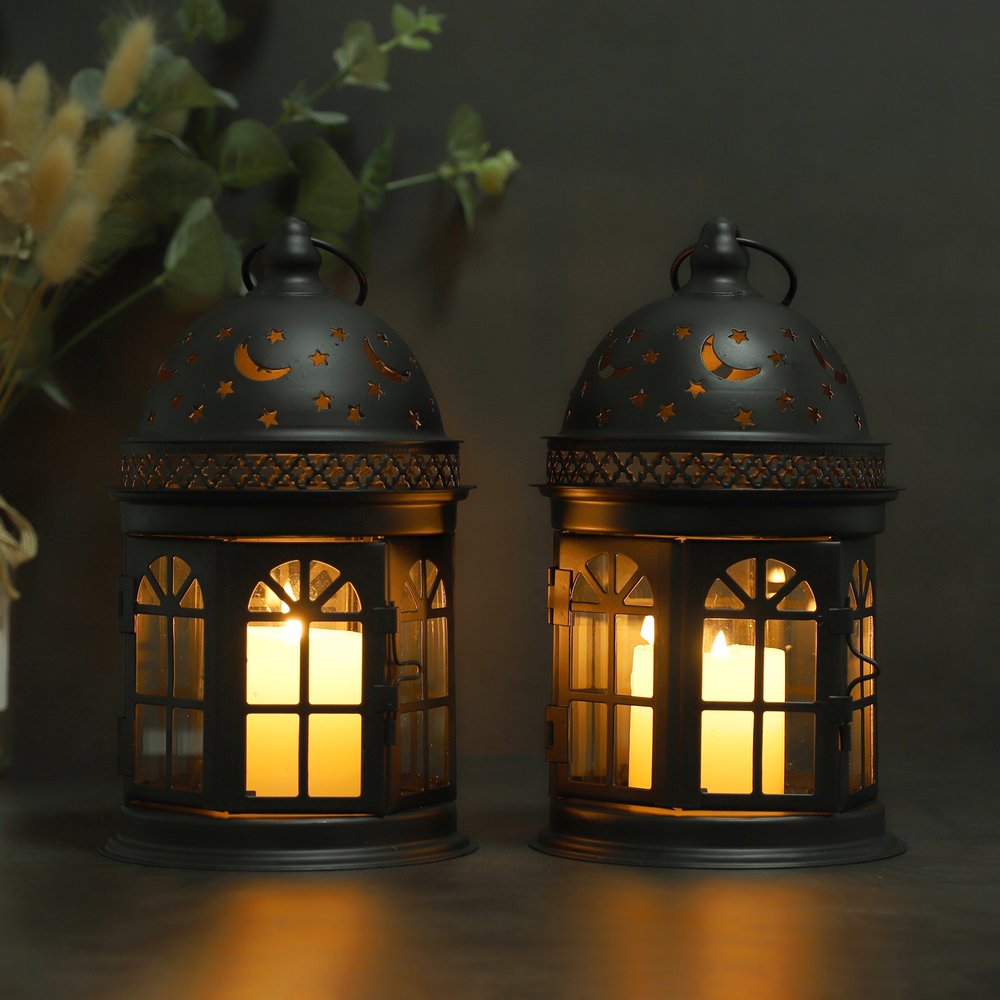 Set of Two Black Metal Celestial Tabletop Lantern Candle Holders