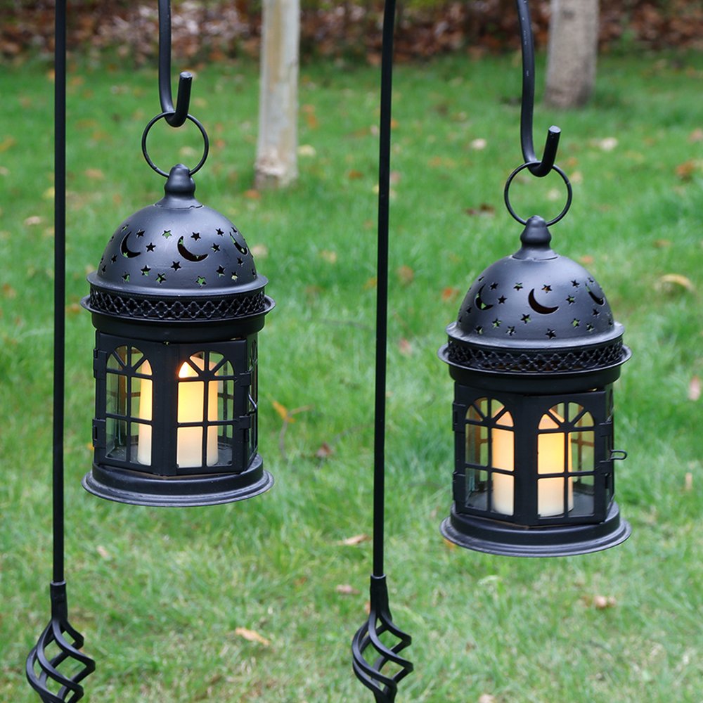 Set of Two Black Metal Celestial Tabletop Lantern Candle Holders