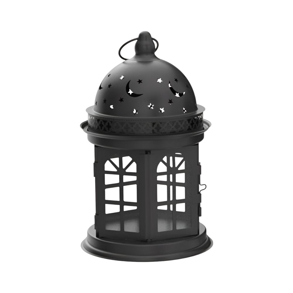 Set of Two Black Metal Celestial Tabletop Lantern Candle Holders