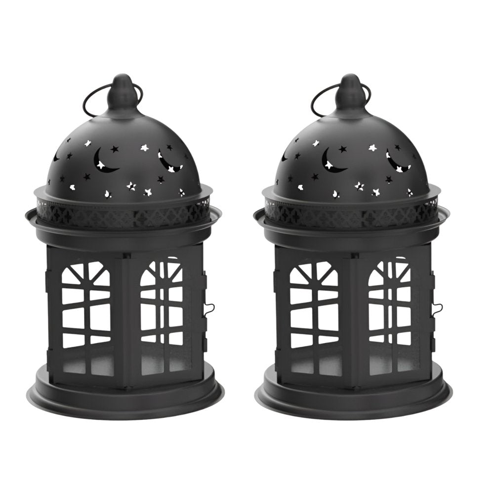 Set of Two Black Metal Celestial Tabletop Lantern Candle Holders