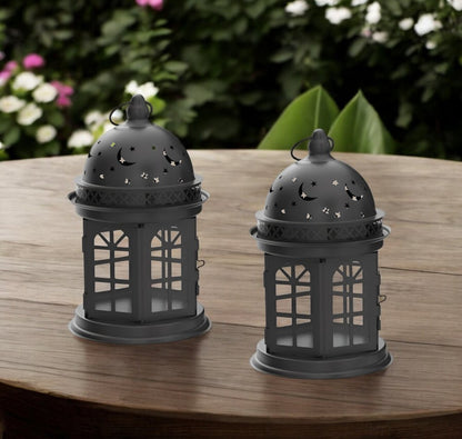Set of Two Black Metal Celestial Tabletop Lantern Candle Holders