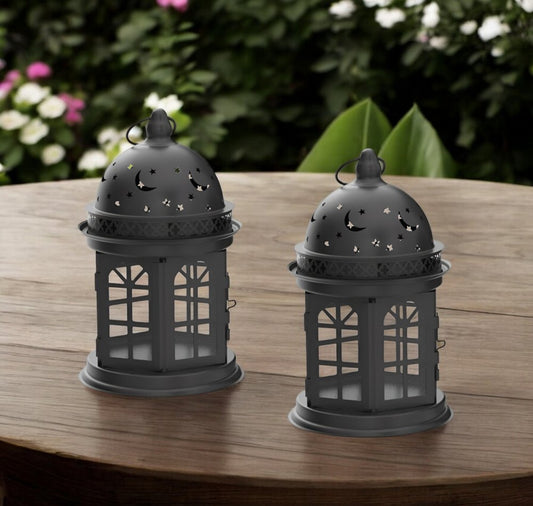 Set of Two Black Metal Celestial Tabletop Lantern Candle Holders