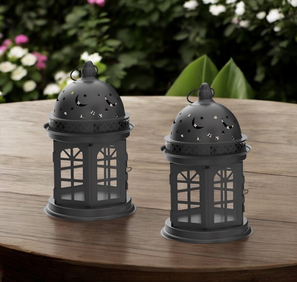Set of Two Black Metal Celestial Tabletop Lantern Candle Holders