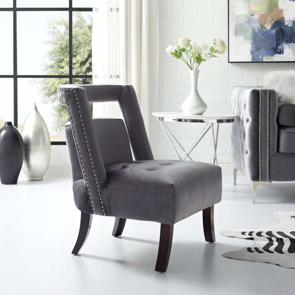 26" Gray and Black Velvet Tufted Side Chair