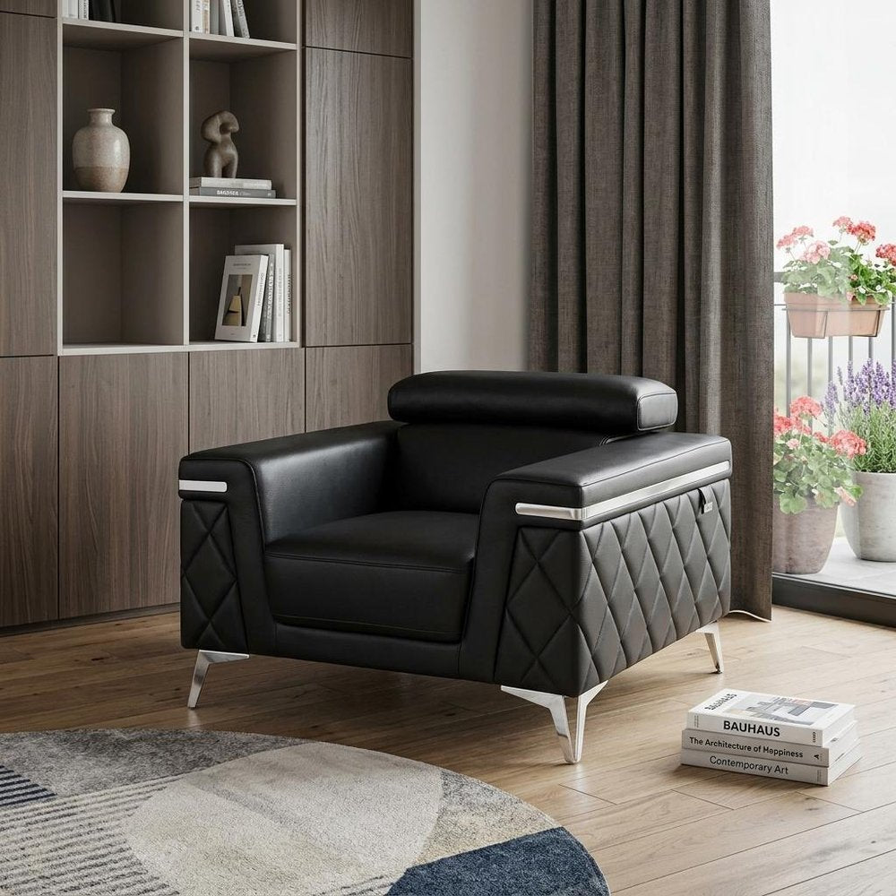 42" Black And Silver Top Grain Leather Club Chair