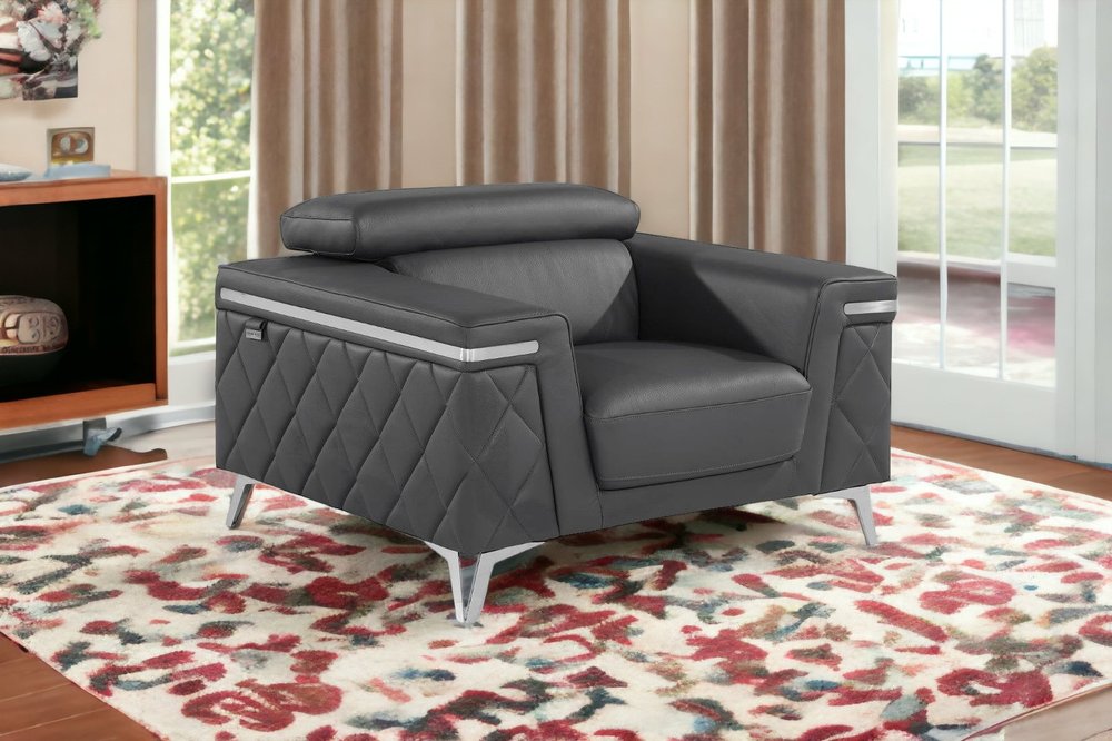 42" Gray And Silver Top Grain Leather Club Chair