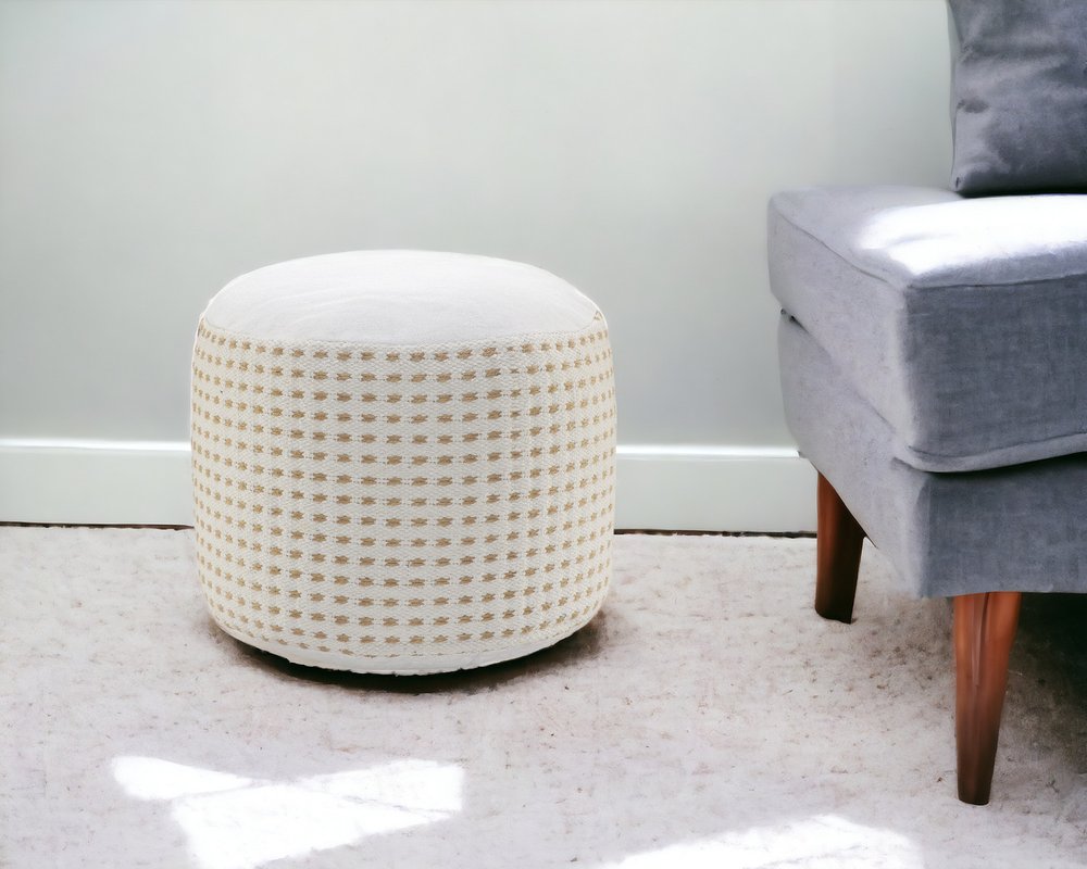 18" White Jute Blend Round Geometric Pouf Ottoman