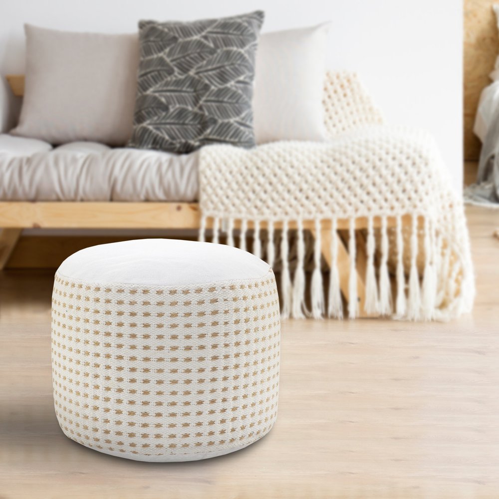 18" White Jute Blend Round Geometric Pouf Ottoman