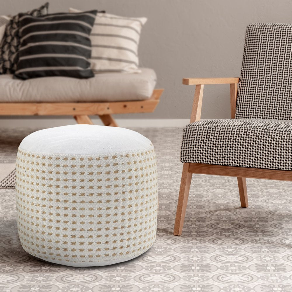 18" White Jute Blend Round Geometric Pouf Ottoman