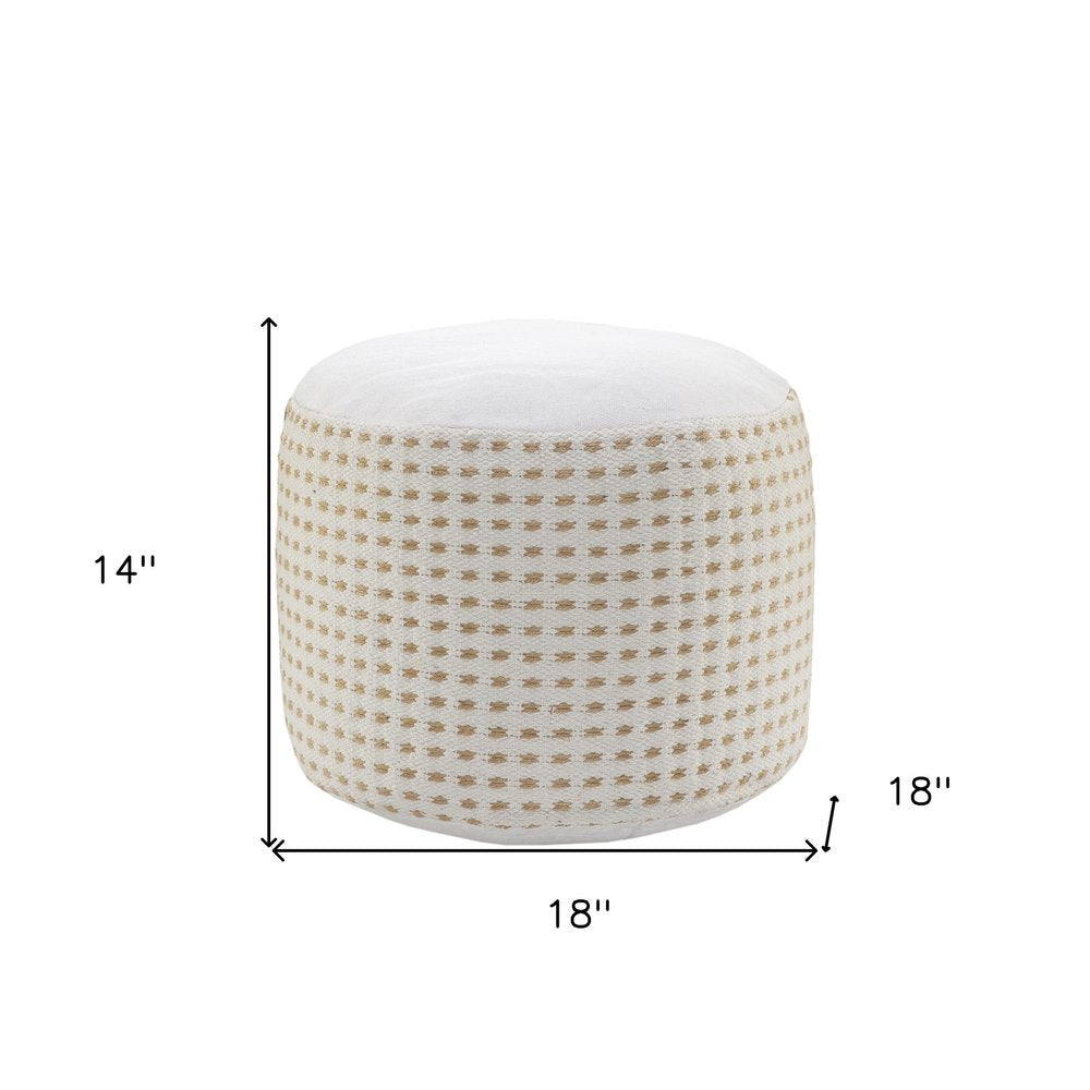 18" White Jute Blend Round Geometric Pouf Ottoman