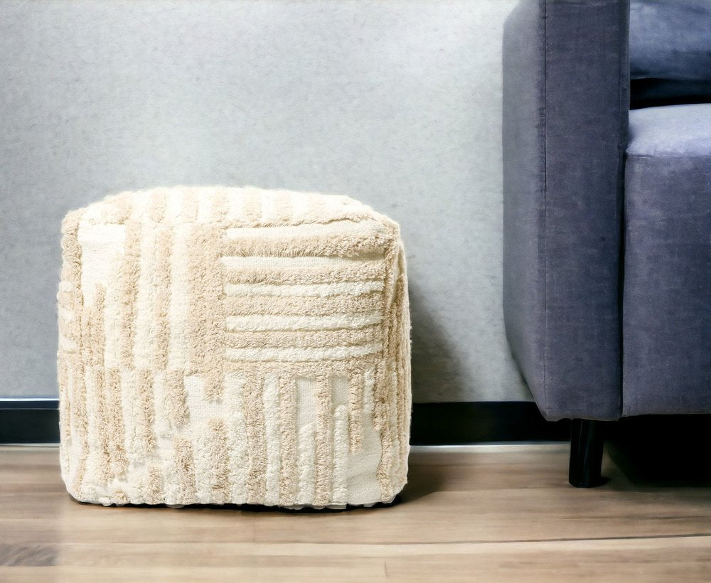18" Beige Cotton Cube Striped Pouf Ottoman