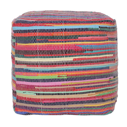 18" Red And Black Cotton Cube Striped Pouf Ottoman