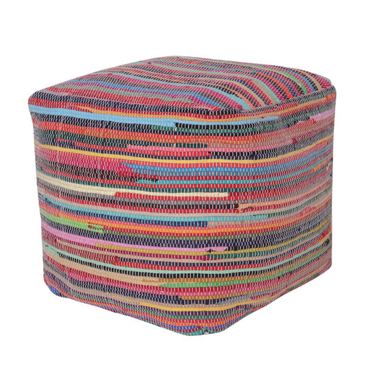 18" Red And Black Cotton Cube Striped Pouf Ottoman