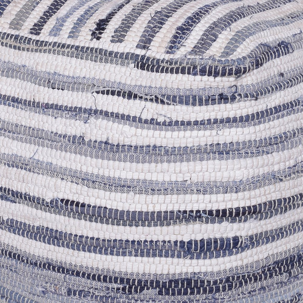 18" Blue Cotton Cube Striped Pouf Ottoman