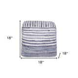 18" Blue and White Cotton Striped Cube Pouf Ottoman