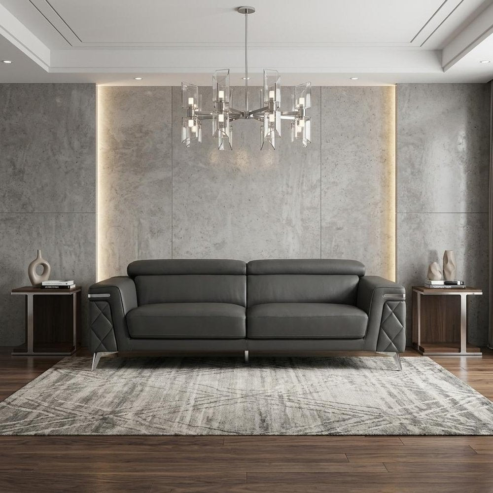 89" Dark Gray Italian Leather Sofa With Silver Legs