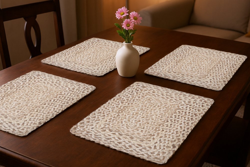 19" Set of Four Ivory And Natural Jute Placemats