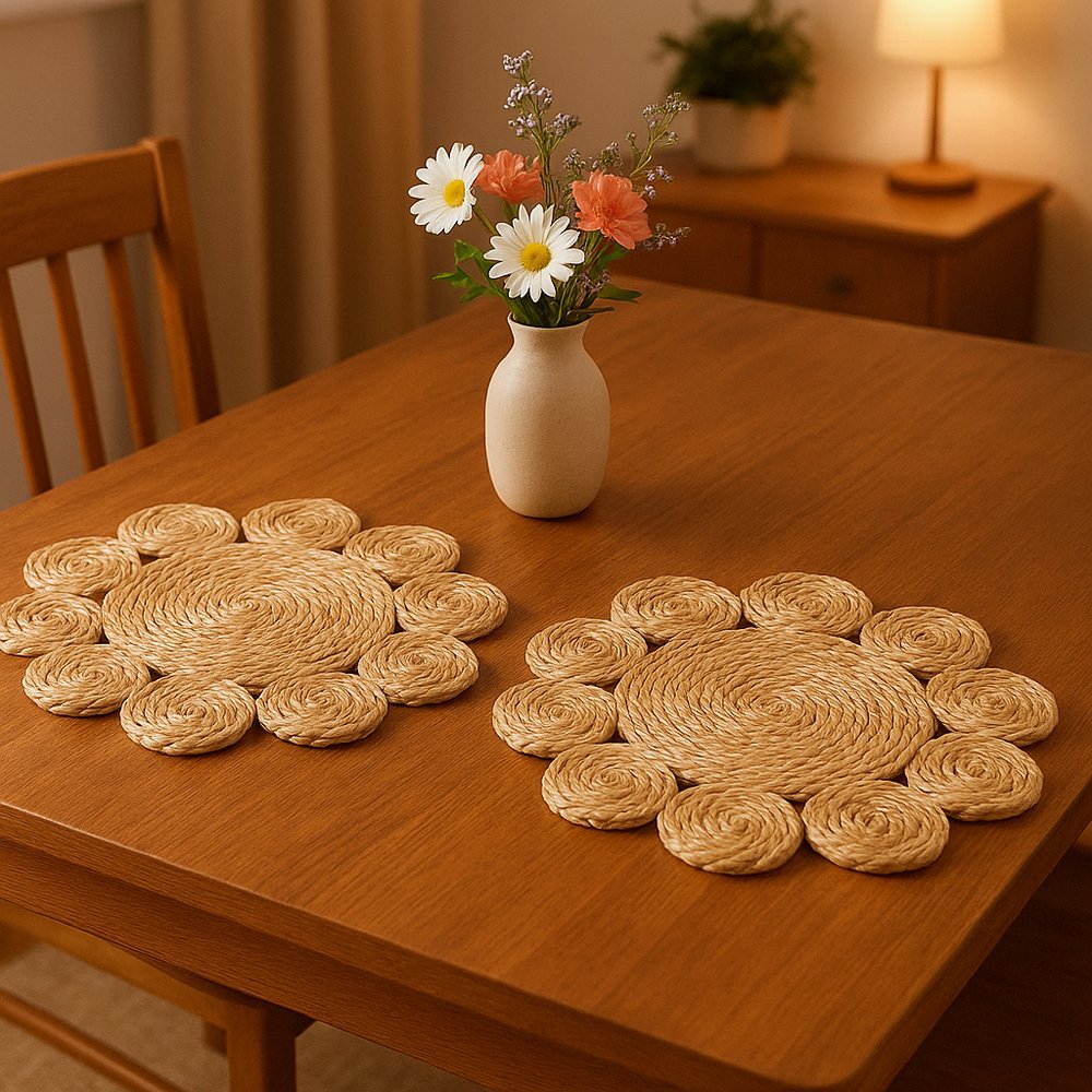 15" Set of Two Natural Braided Jute Scalloped Placemats