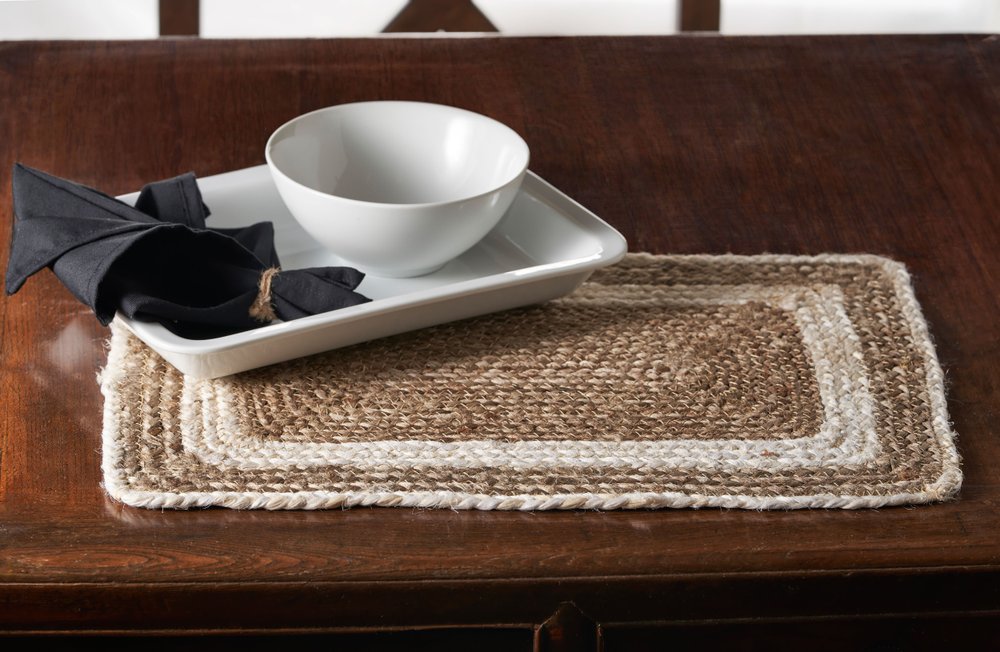 19" Set of Four Natural And Ivory Geometric Braided Jute Placemats