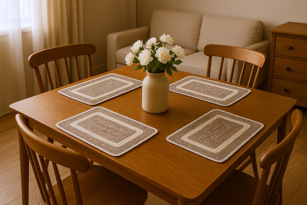 19" Set of Four Natural And Ivory Geometric Braided Jute Placemats