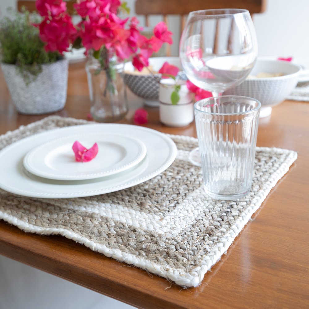 19" Set of Four Natural And Ivory Geometric Braided Jute Placemats
