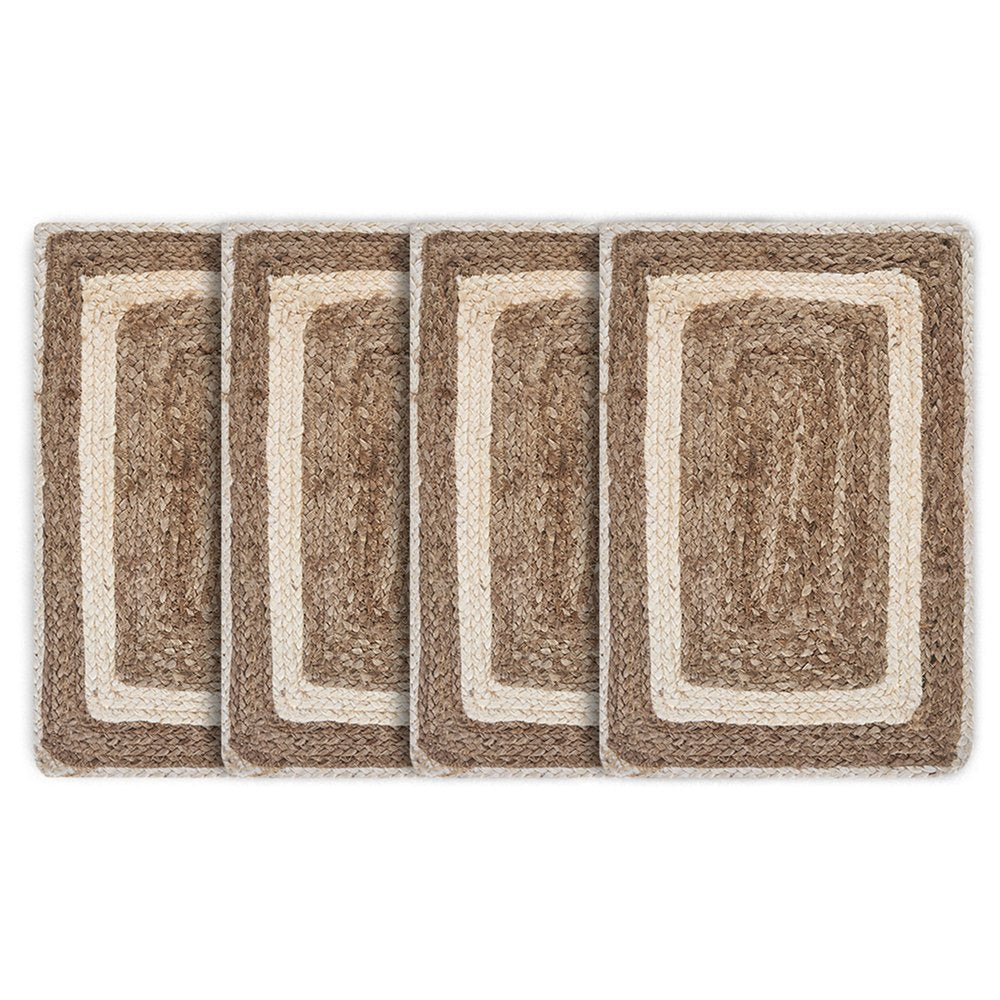 19" Set of Four Natural And Ivory Geometric Braided Jute Placemats