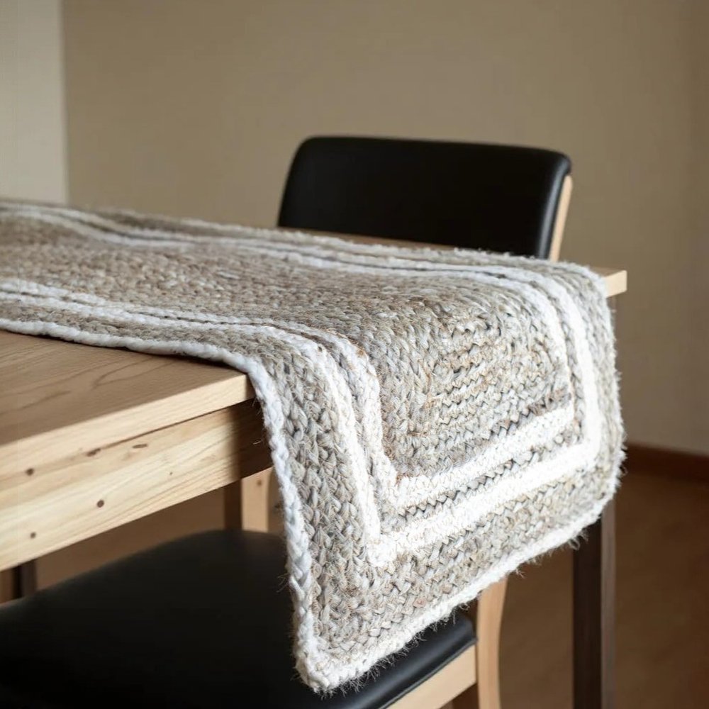 80" Natural And Cream Geometric Bordered Jute Table Runner