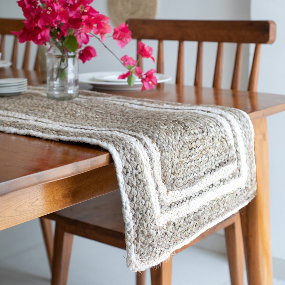 80" Natural And Cream Geometric Bordered Jute Table Runner