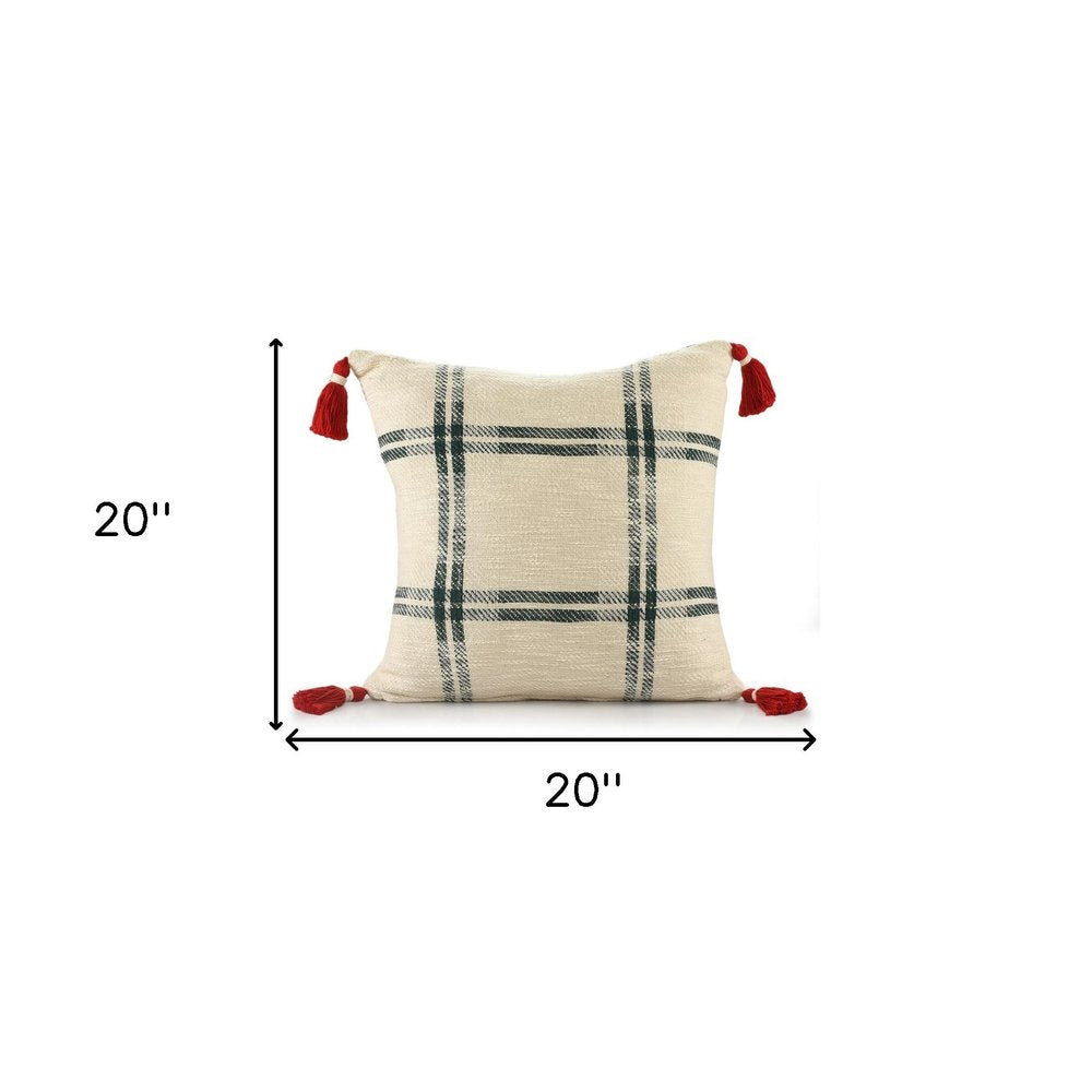 20" Ivory And Green Christmas Plaid Cotton Throw Pillow with Tassels