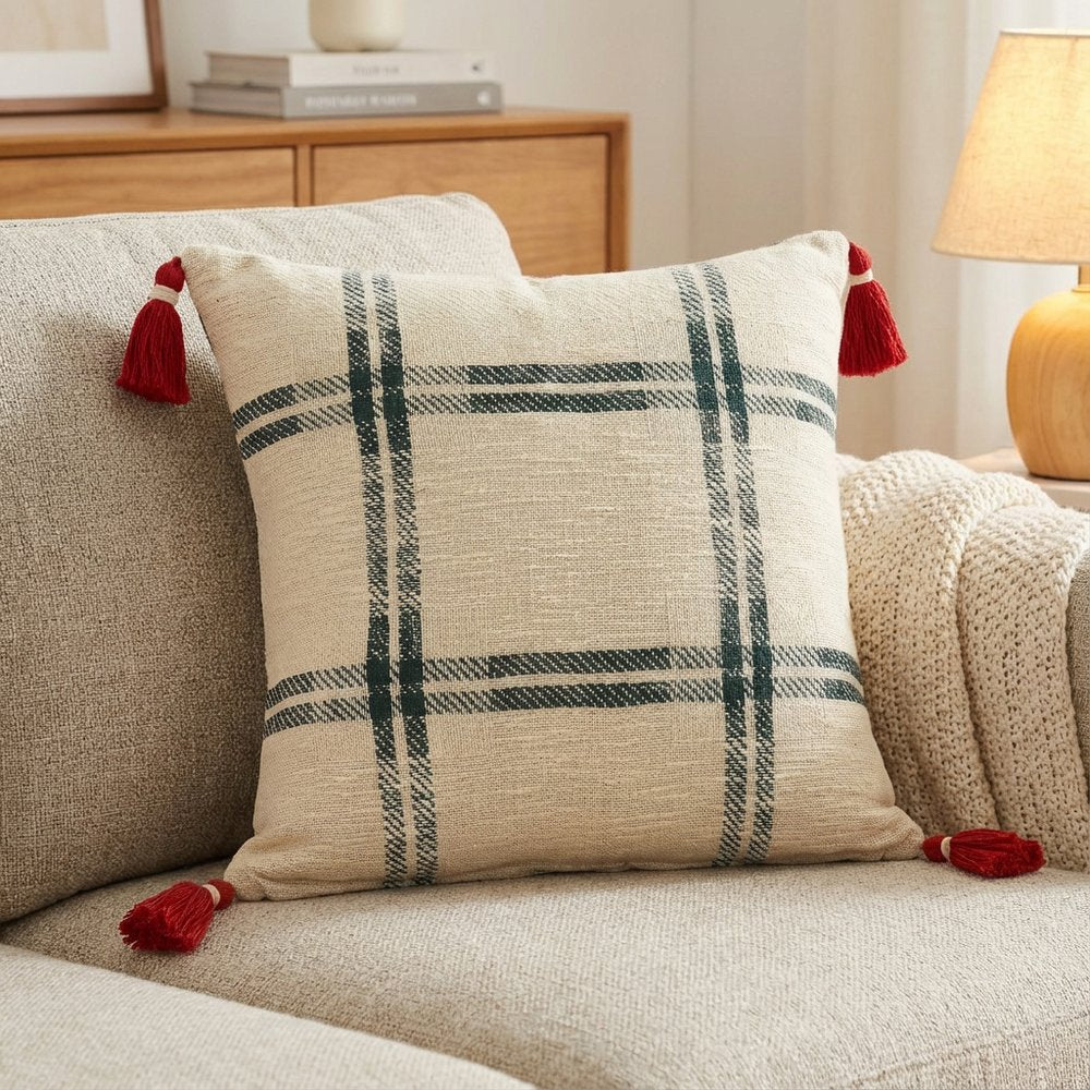 20" Ivory And Green Christmas Plaid Cotton Throw Pillow with Tassels