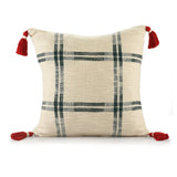 20" Ivory And Green Christmas Plaid Cotton Throw Pillow with Tassels