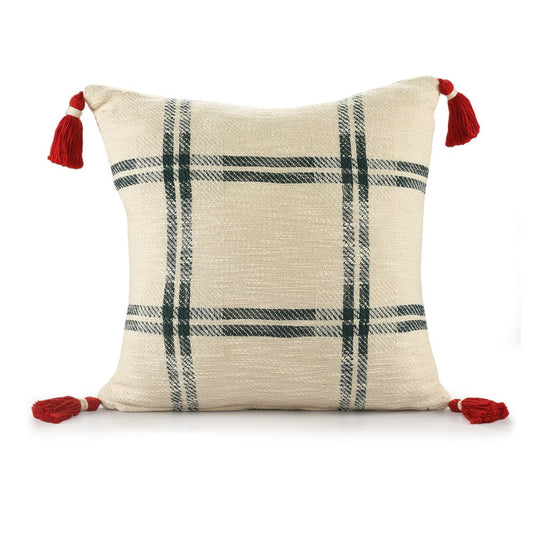 20" Ivory And Green Christmas Plaid Cotton Throw Pillow with Tassels