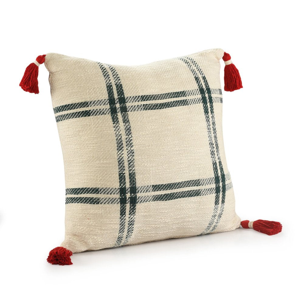 20" Ivory And Green Christmas Plaid Cotton Throw Pillow with Tassels