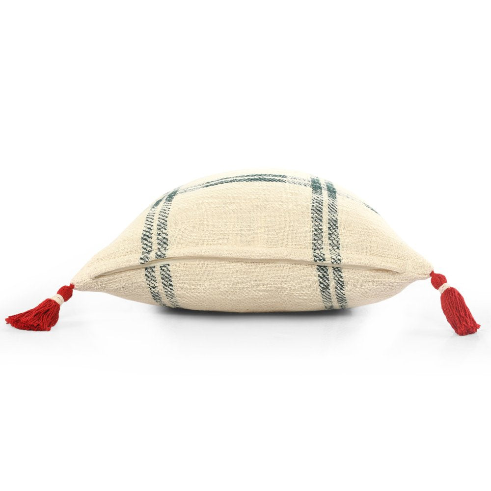 20" Ivory And Green Christmas Plaid Cotton Throw Pillow with Tassels