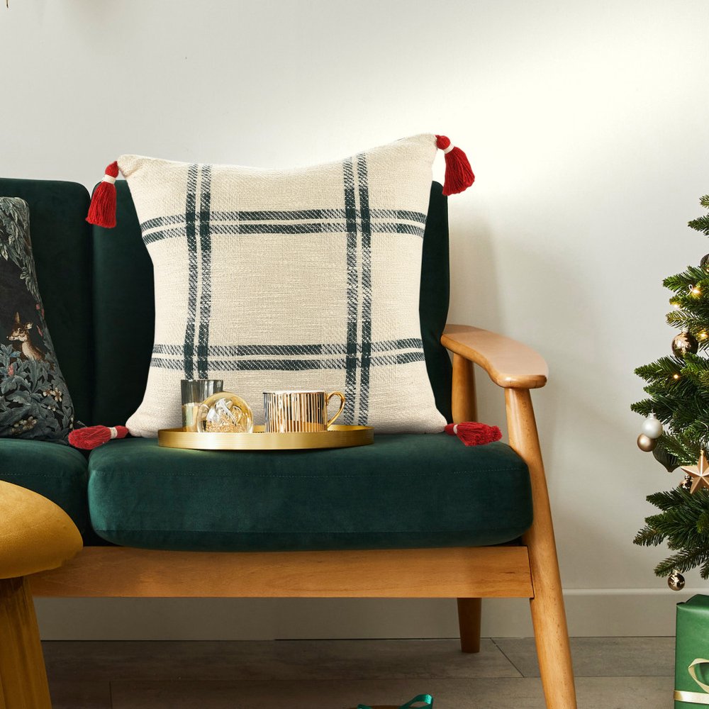 20" Ivory And Green Christmas Plaid Cotton Throw Pillow with Tassels