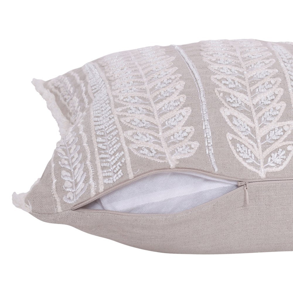 Natural and Ivory Throw Pillow with Embroidery