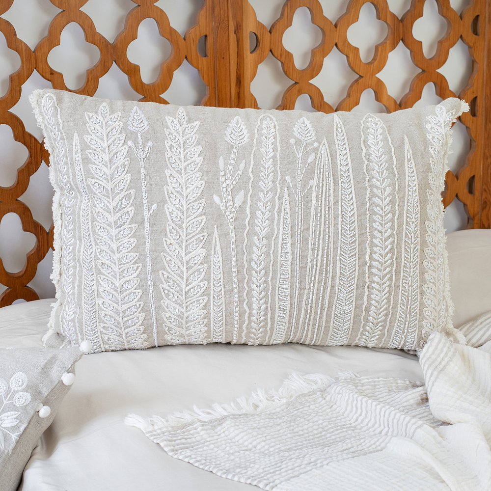Natural and Ivory Throw Pillow with Embroidery