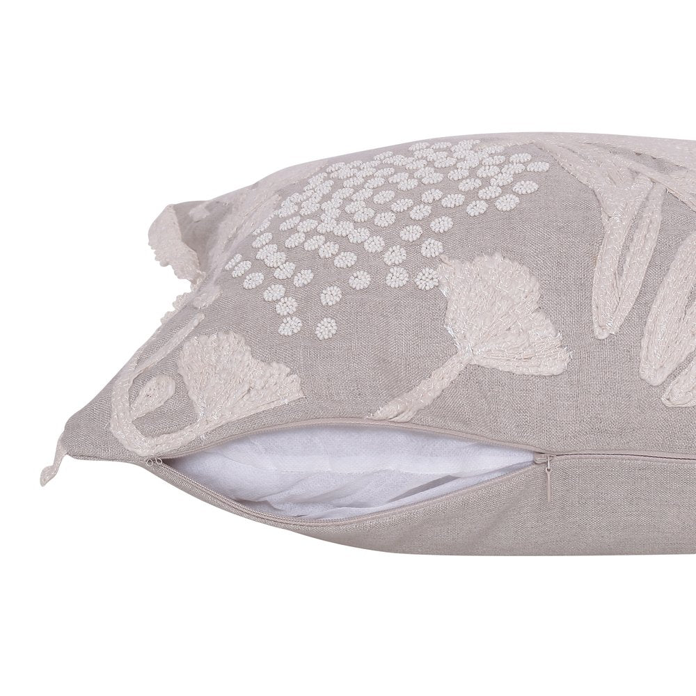 Natural and Ivory Throw Pillow with Embroidery