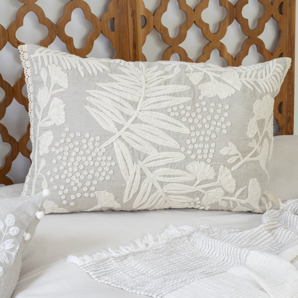 Natural and Ivory Throw Pillow with Embroidery