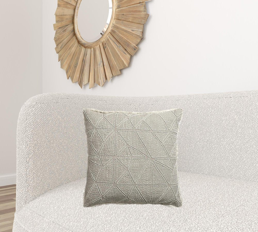 20" Beige and Ivory Throw Pillow with Embroidery and Fringe