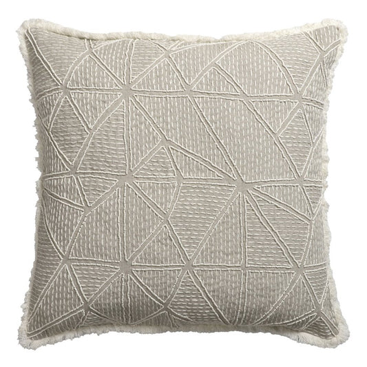 20" Beige and Ivory Throw Pillow with Embroidery and Fringe