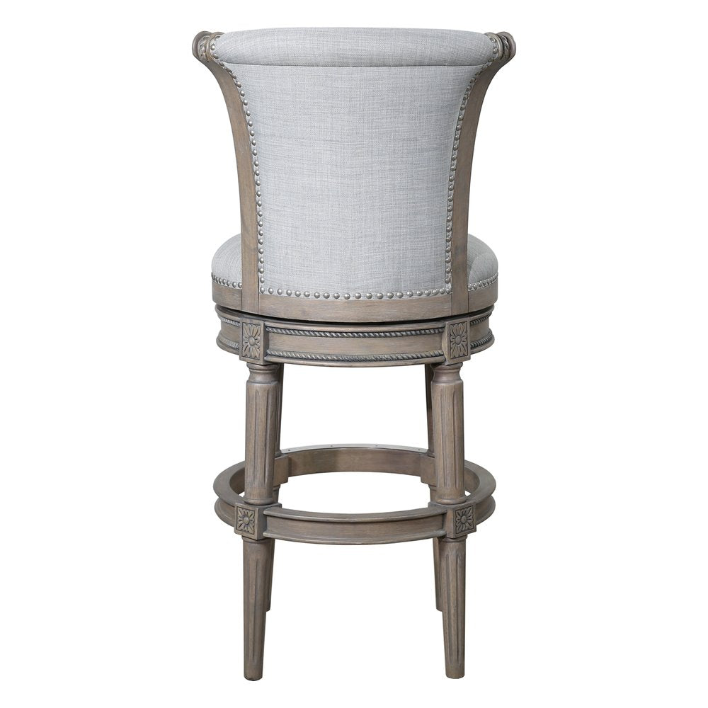 30" Gray Solid Wood and Linen Bar Height Swivel Bar Chair