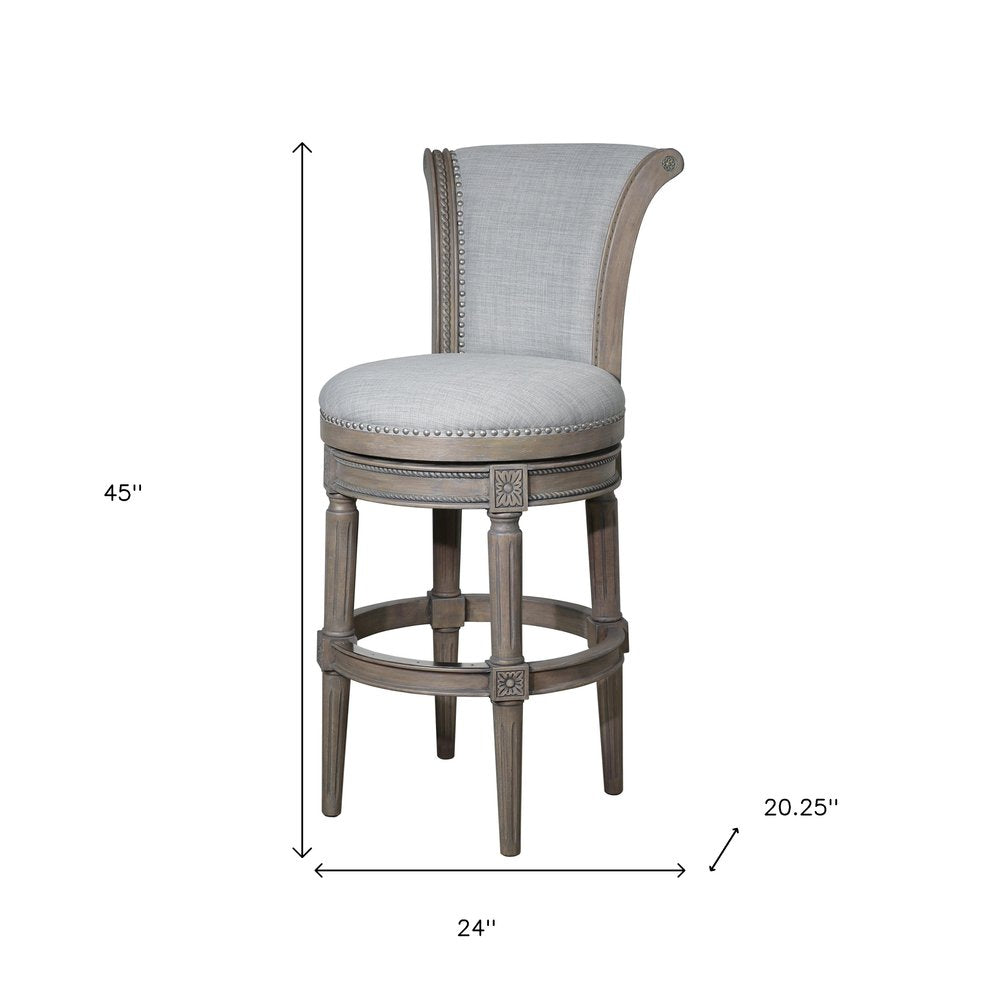 30" Gray Solid Wood and Linen Bar Height Swivel Bar Chair