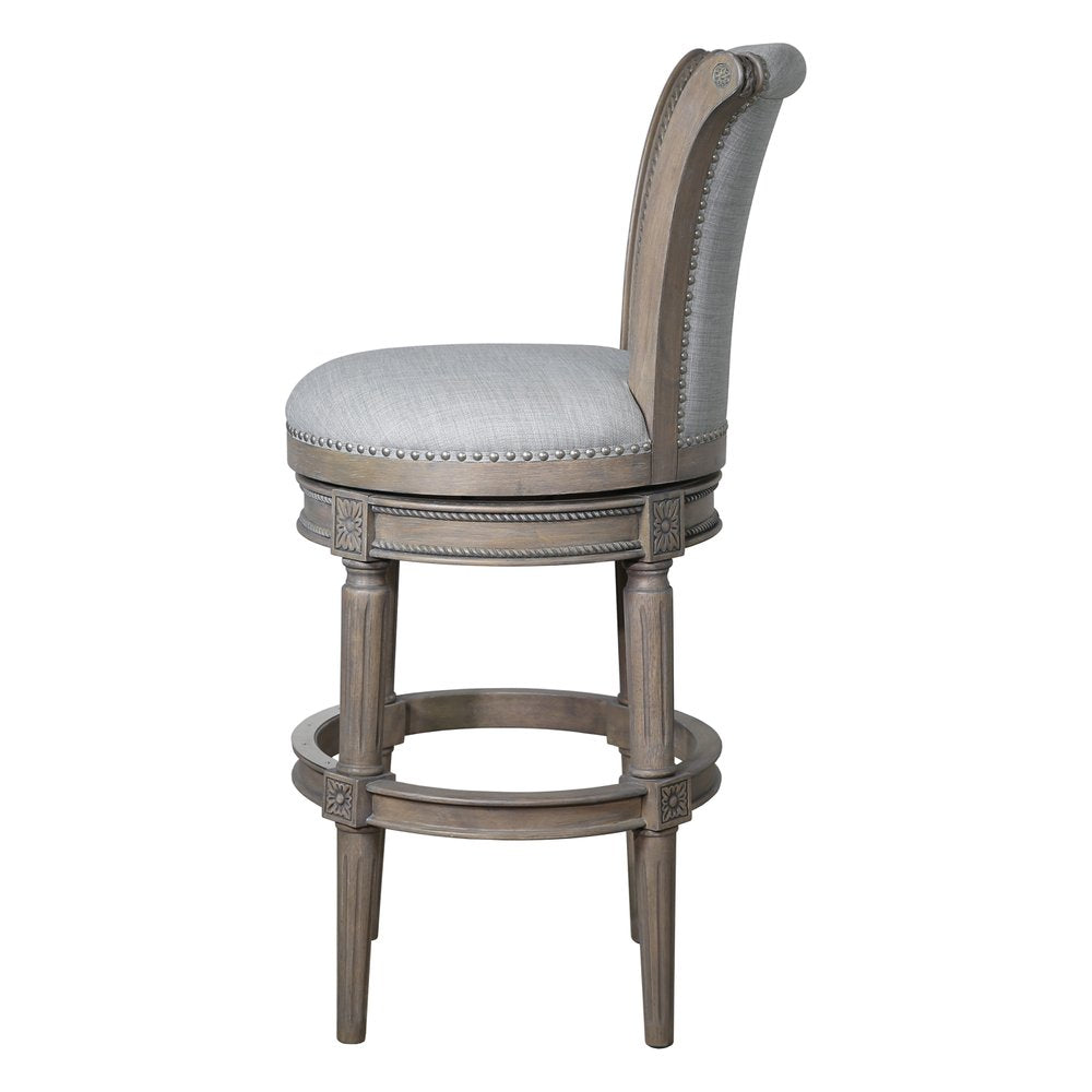 30" Gray Solid Wood and Linen Bar Height Swivel Bar Chair